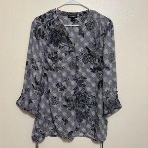 Roz & Ali XL Black White Floral Plaid Blouse Side Tie Hem 3/4 Sleeve